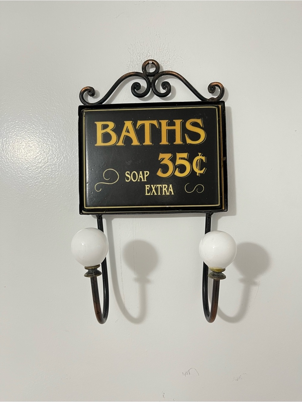Vintage Cast Iron Black and Gold 'Baths' Wall Hook with White Porcelain Knobs